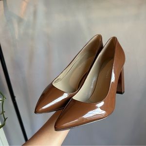 Marc fisher valana patent leather brown sling back high heel pumps square toe